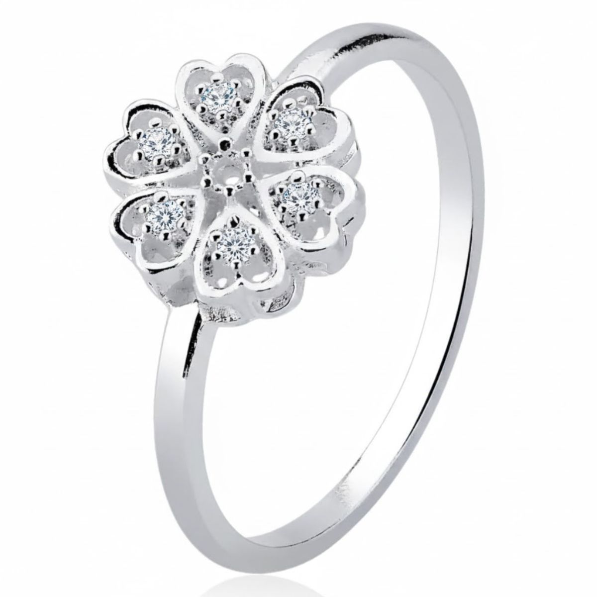 Anel Prata 925  Flor com Corações e Zircô...